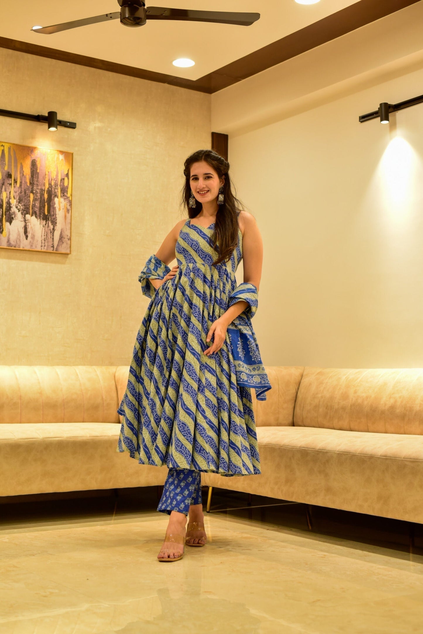 blue and grey linear cotton suit set