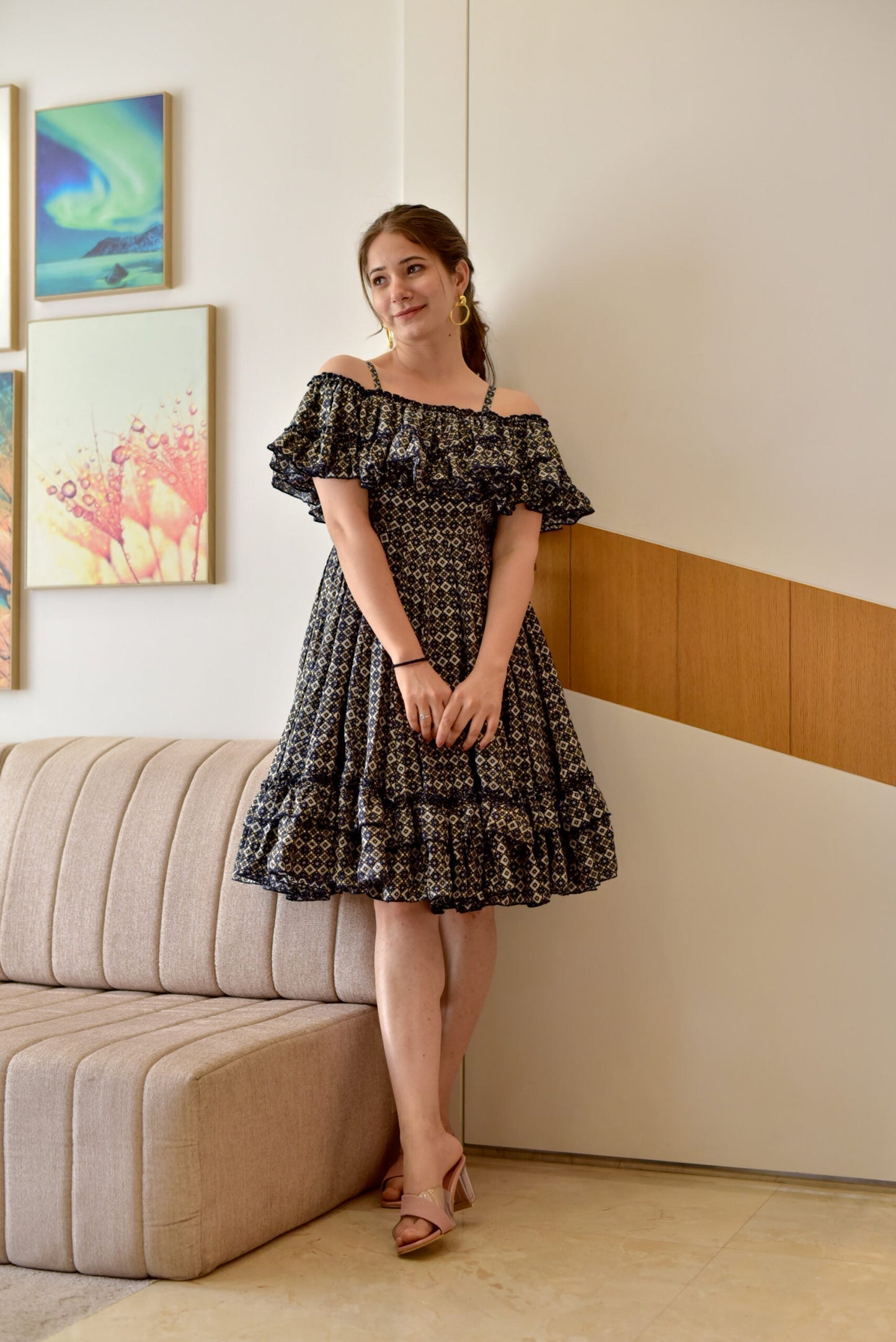 blue blossomy checks printed dress