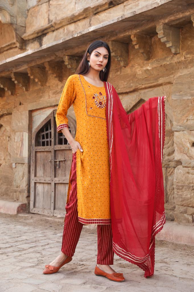 Kesariyavanity Haldi Ready Mustard-Red Suit