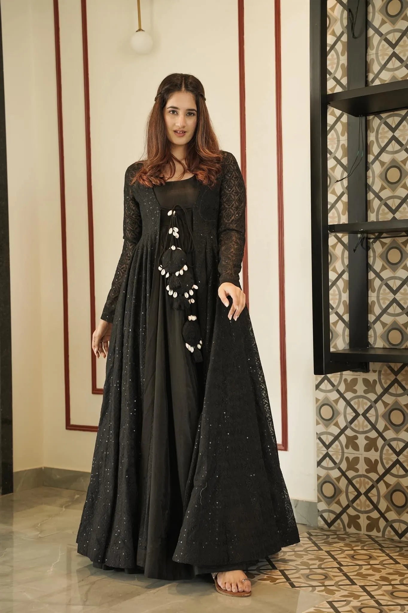 black embroidered shrug set