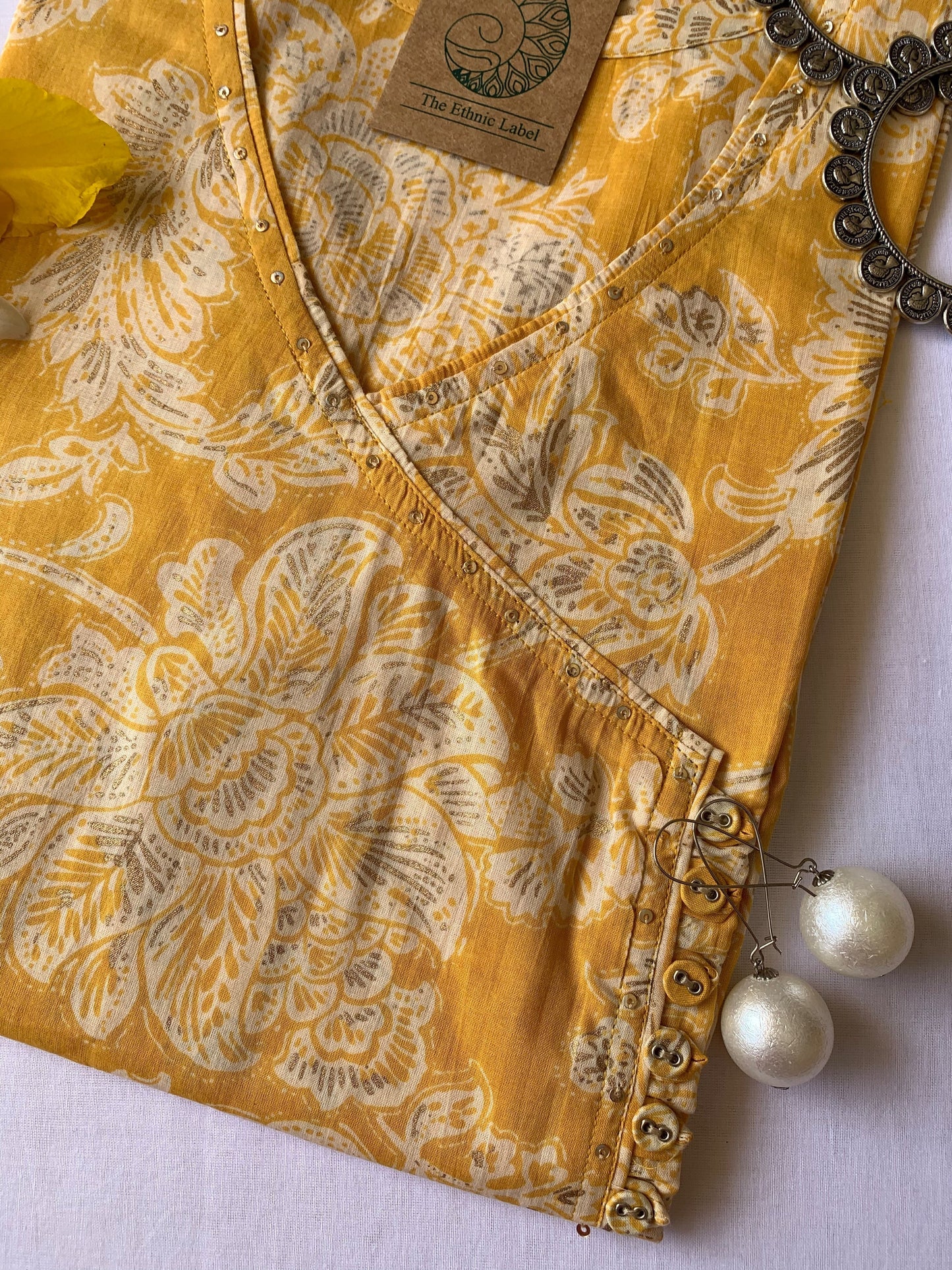 "Basant" Yellow Floral Angrakha Cotton Kurta