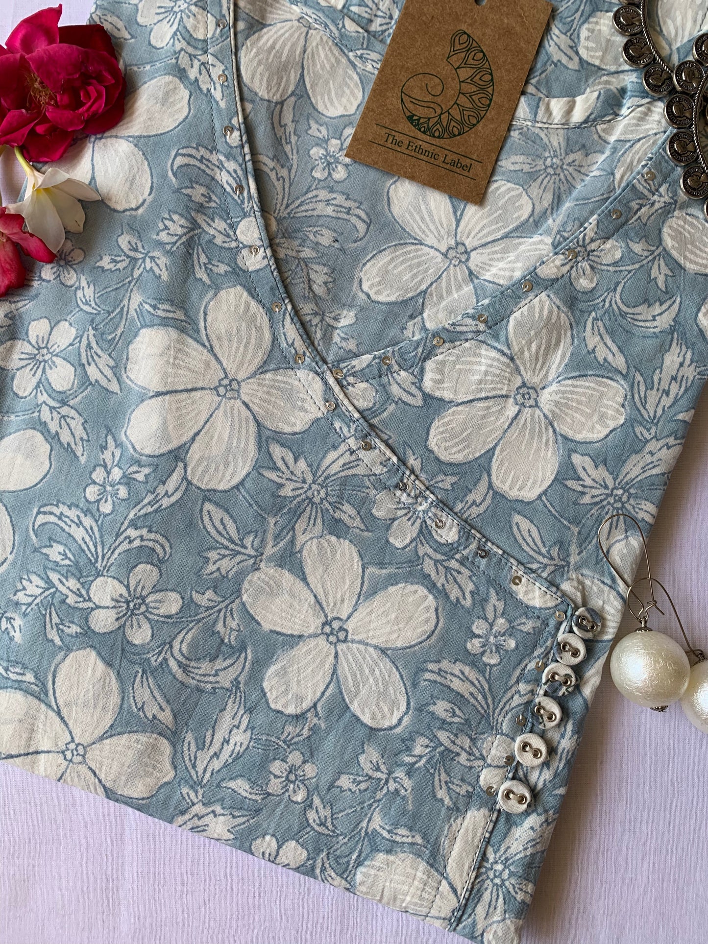 Grey "Lilly" Hand block printed Angrakha Cotton Kurta
