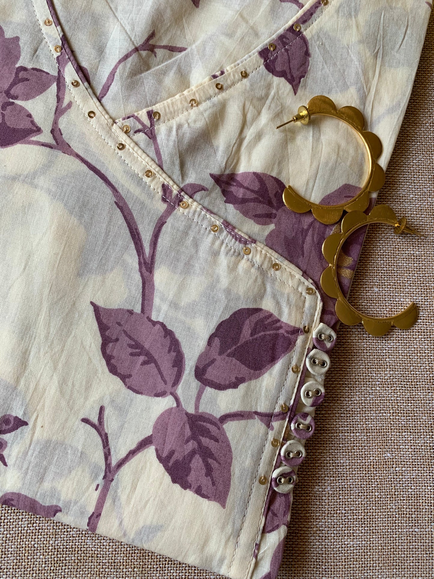 Cream Purple "Gold" Angrakha Cotton Kurta
