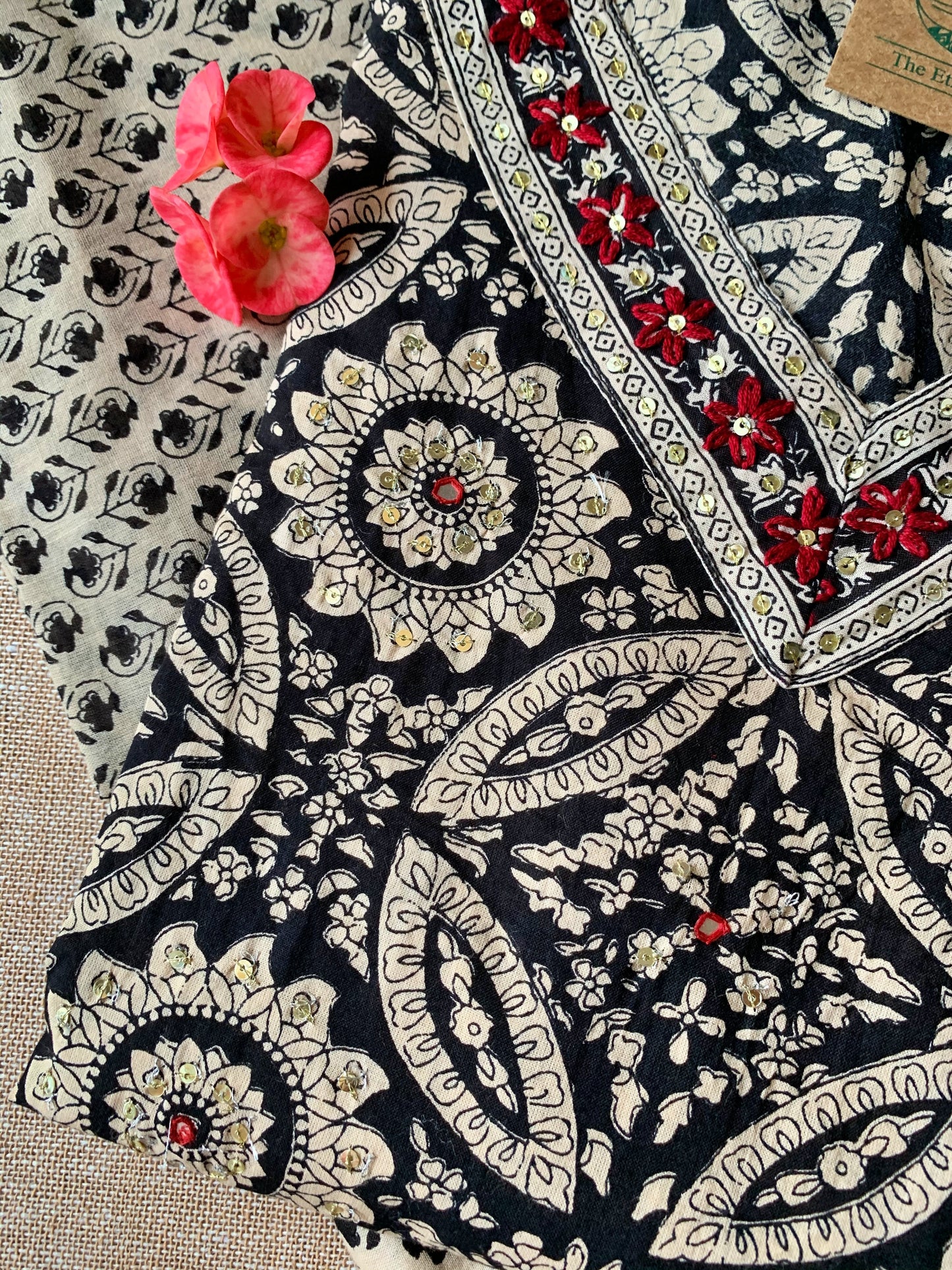 Hand Embroidered Black Ajrakh Afghan Pant Kurta Set with Dupatta - 3 pc