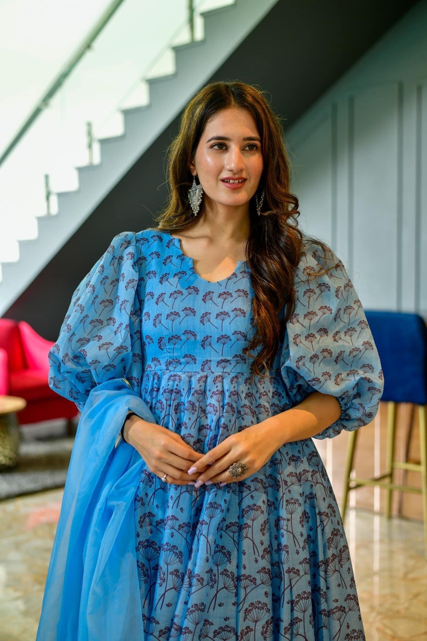 aqua floral chanderi maxi set