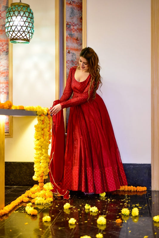 maroon mazarine chanderi maxi set