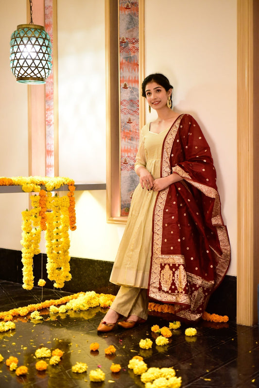 glory beige chanderi suit set