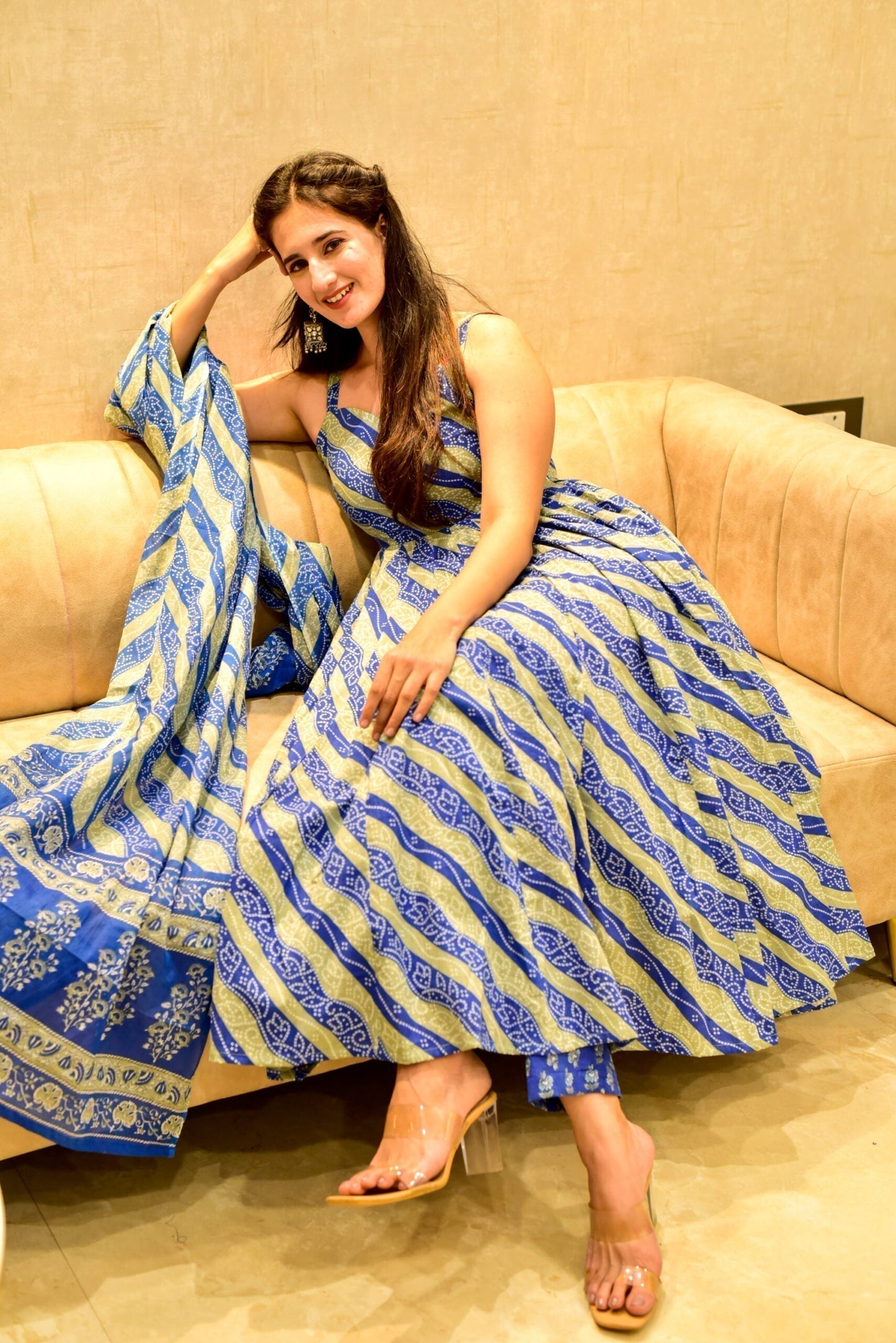 blue and grey linear cotton suit set