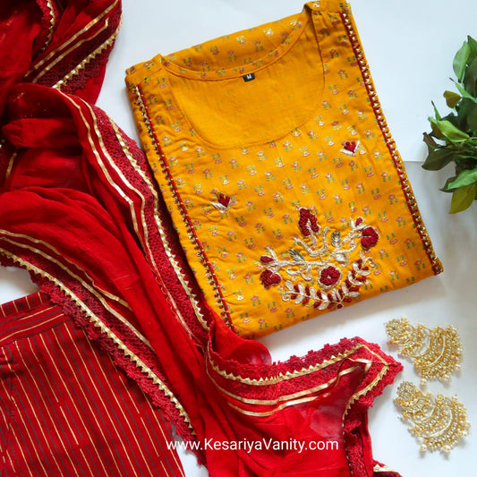 Kesariyavanity Haldi Ready Mustard-Red Suit