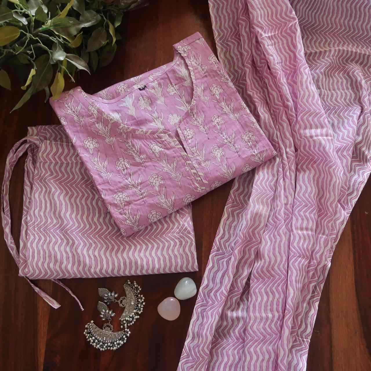 Floral Lilac Breathable Relaxing Fit Cotton Suit (3 piece)