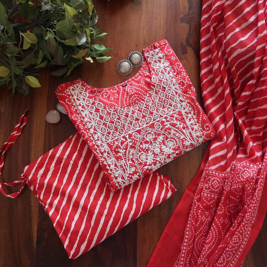 Ethnic Red Bandhej Leheriya Breathable Relaxing Fit Cotton Suit (3 piece)