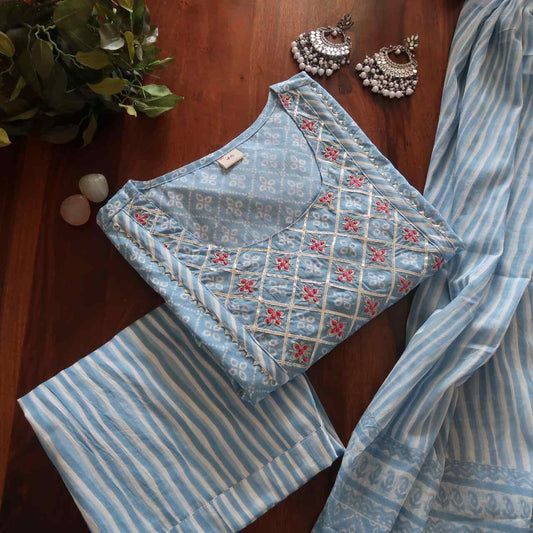 Powder Blue Breathable Relaxing Fit Cotton Suit (3 piece)