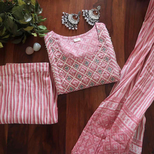 Onion Pink Breathable Relaxing Fit Cotton Suit (3 piece)