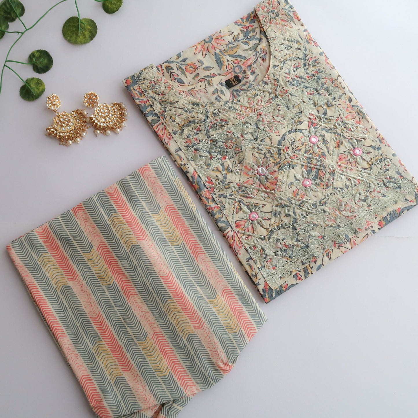 Cream Zari Floral Slim Fit Suit Set