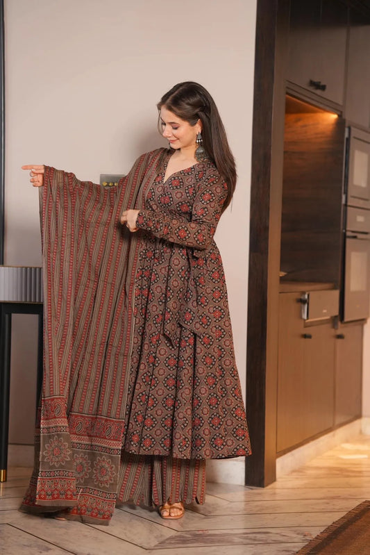 Brown ajrakh print cotton suit set