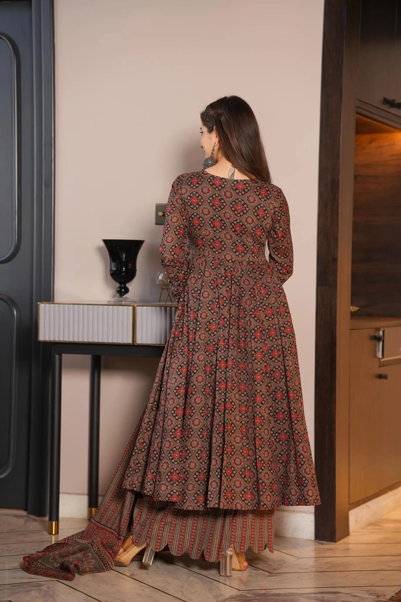 Brown ajrakh print cotton suit set