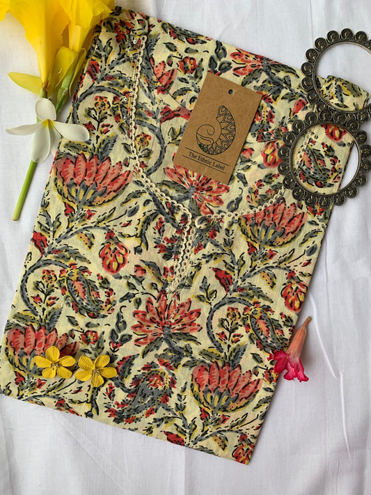 Cream-Red Jaal Hand Block Printed Cotton Kurta - XL