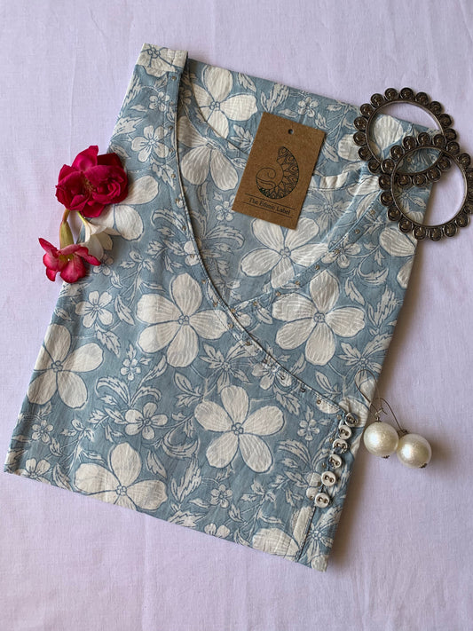 Grey "Lilly" Hand block printed Angrakha Cotton Kurta