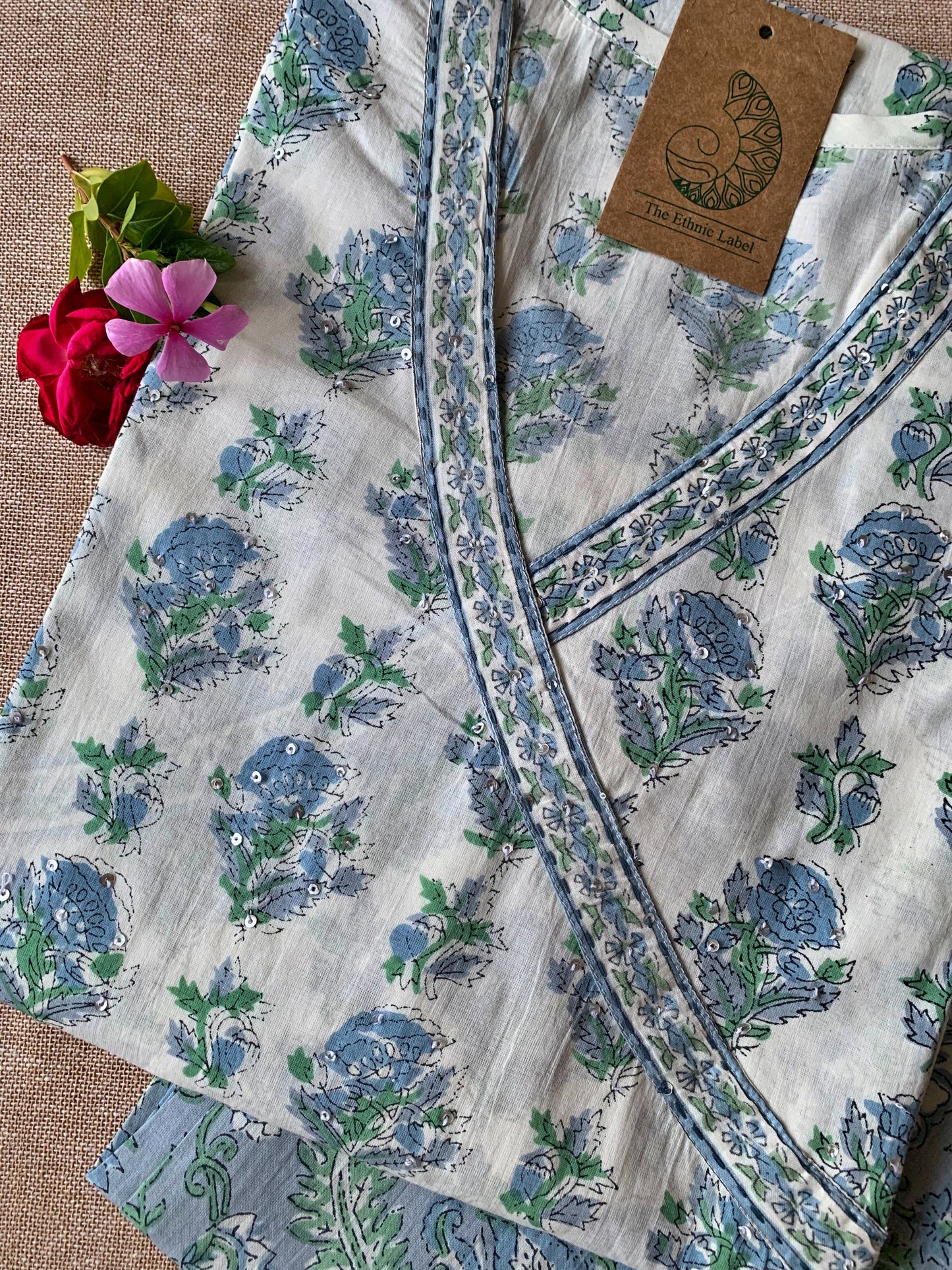 White Blue "Aasman" Angrakha Cotton Kurta Set - 2 pc