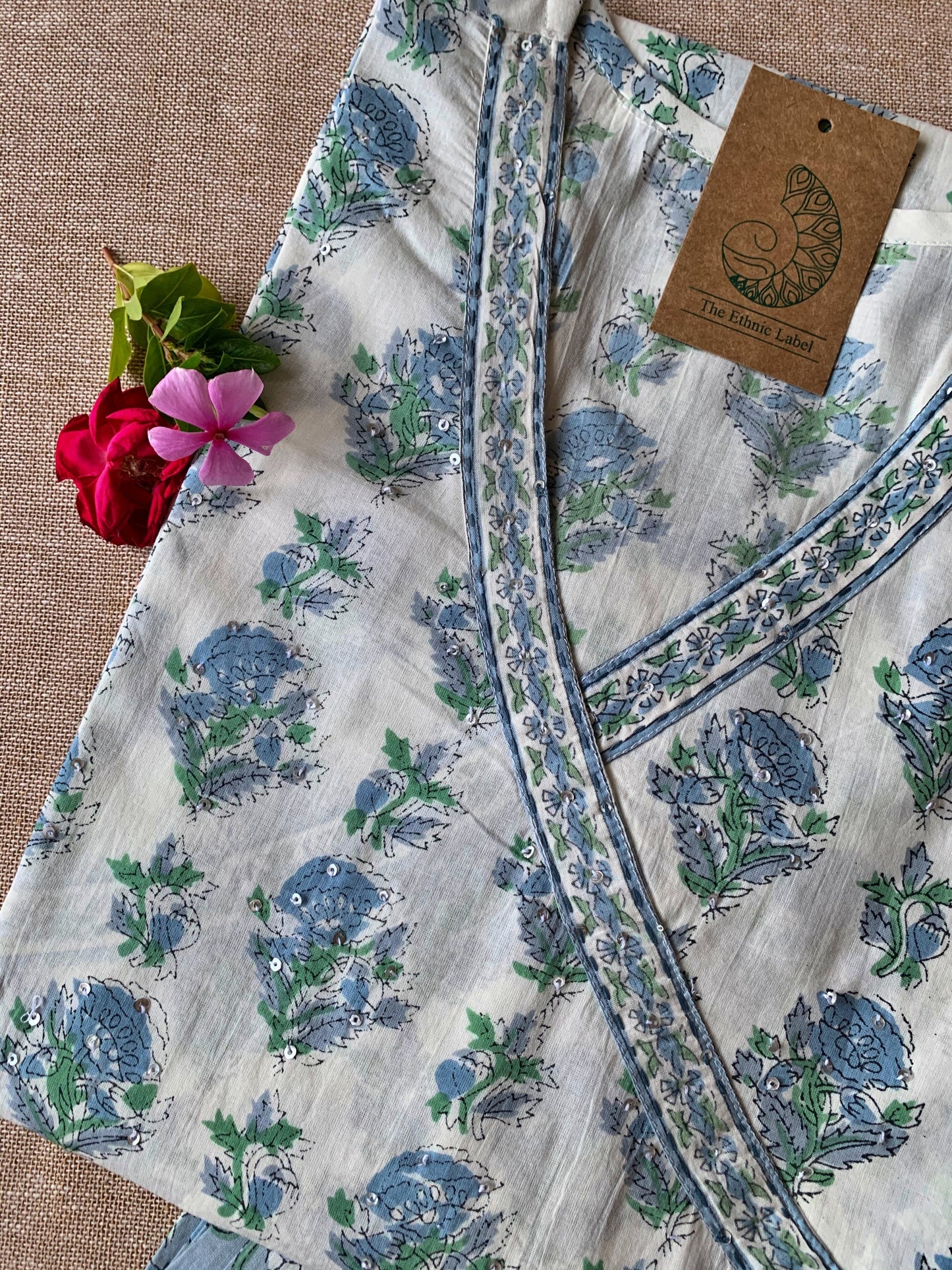 White Blue "Aasman" Angrakha Cotton Kurta Set - 2 pc