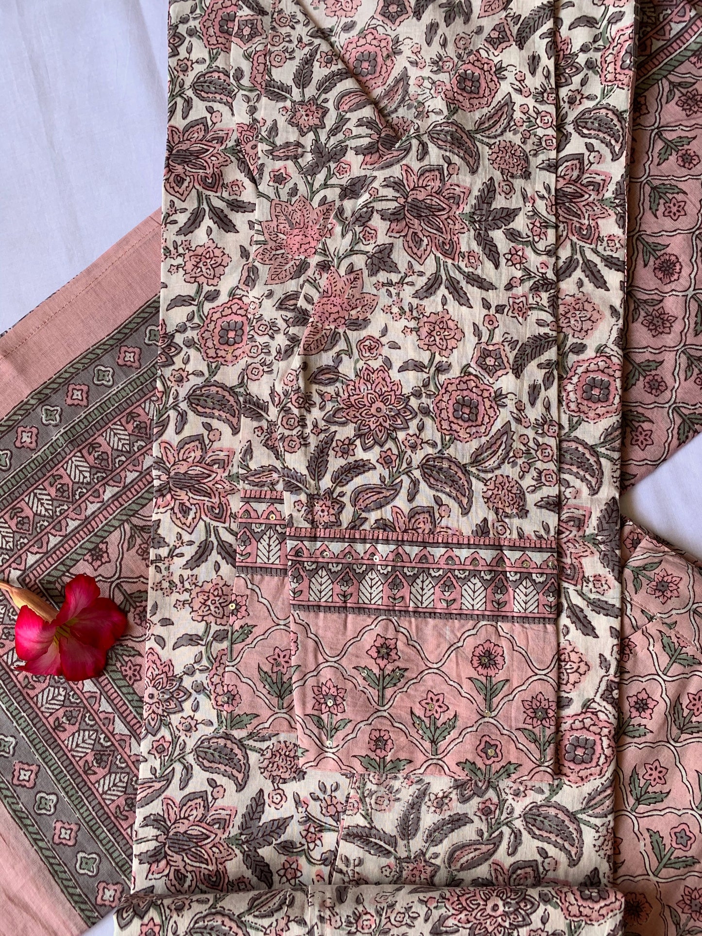 Peach Blossom Cotton Kurta Set - 3 pc - M