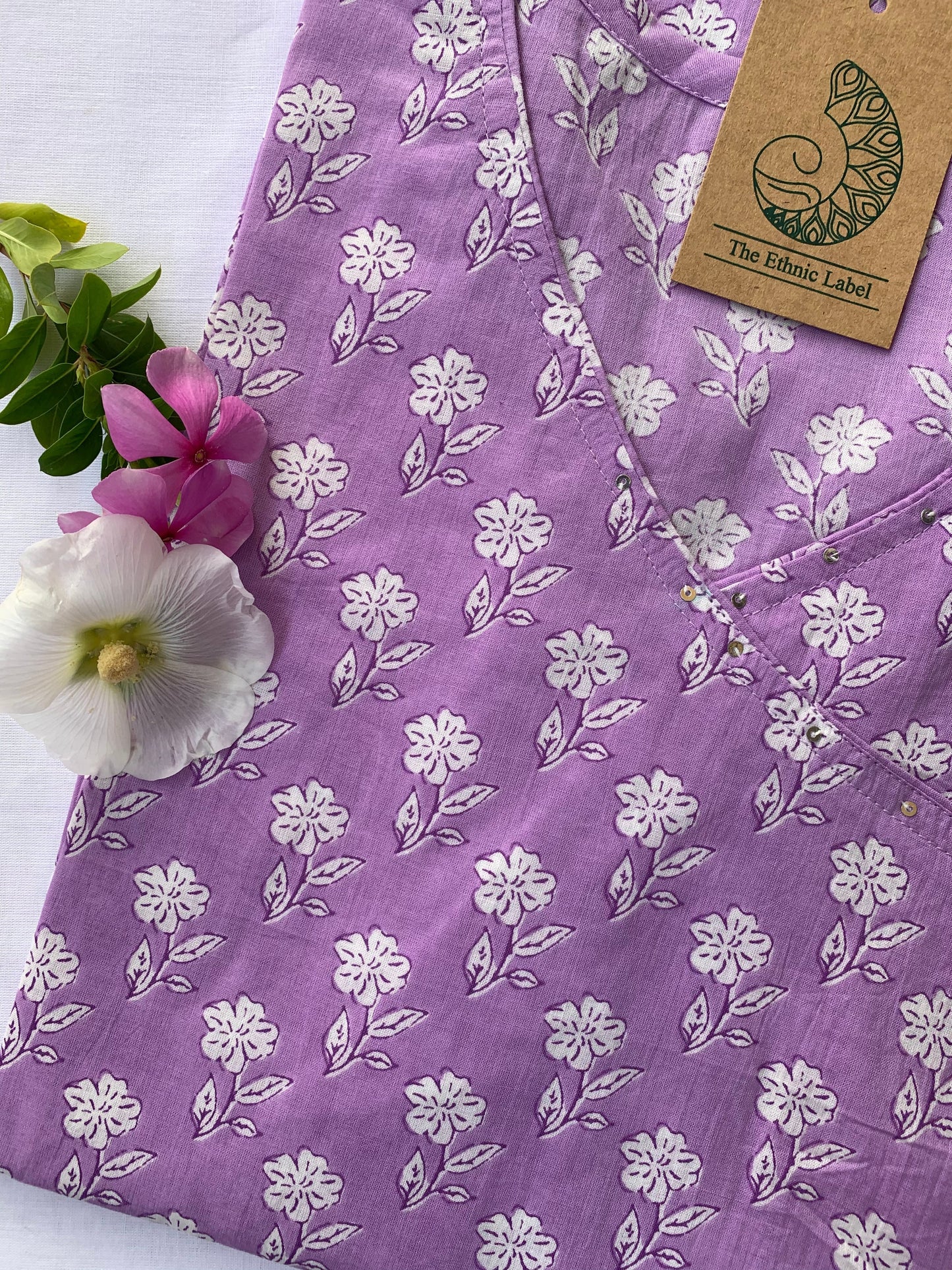 Hand Block Printed "Daisy" Lavender Angrakha Cotton Kurta