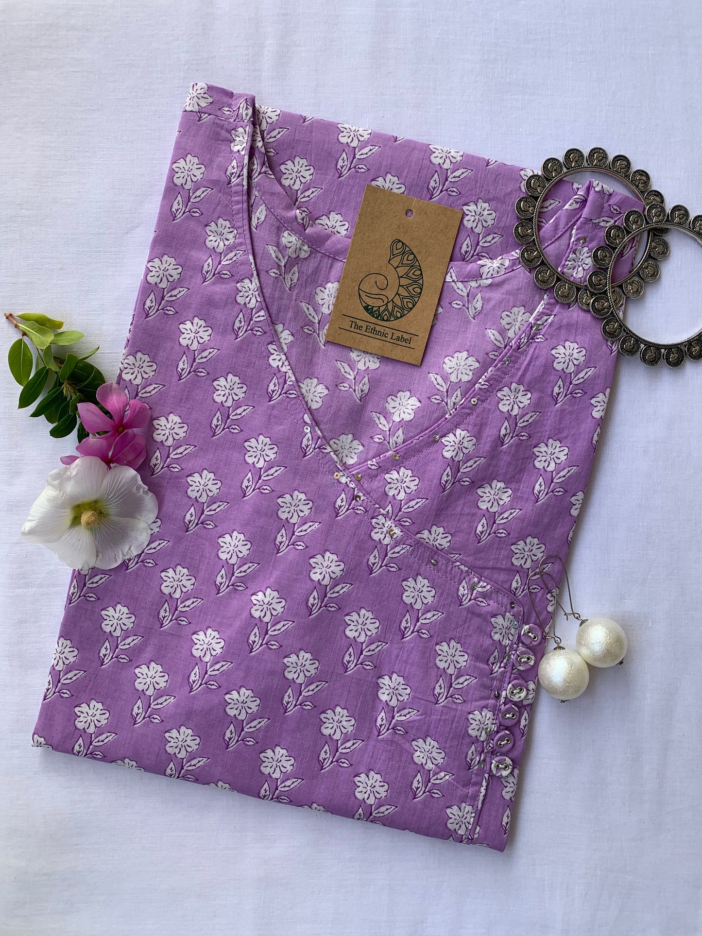 Hand Block Printed "Daisy" Lavender Angrakha Cotton Kurta