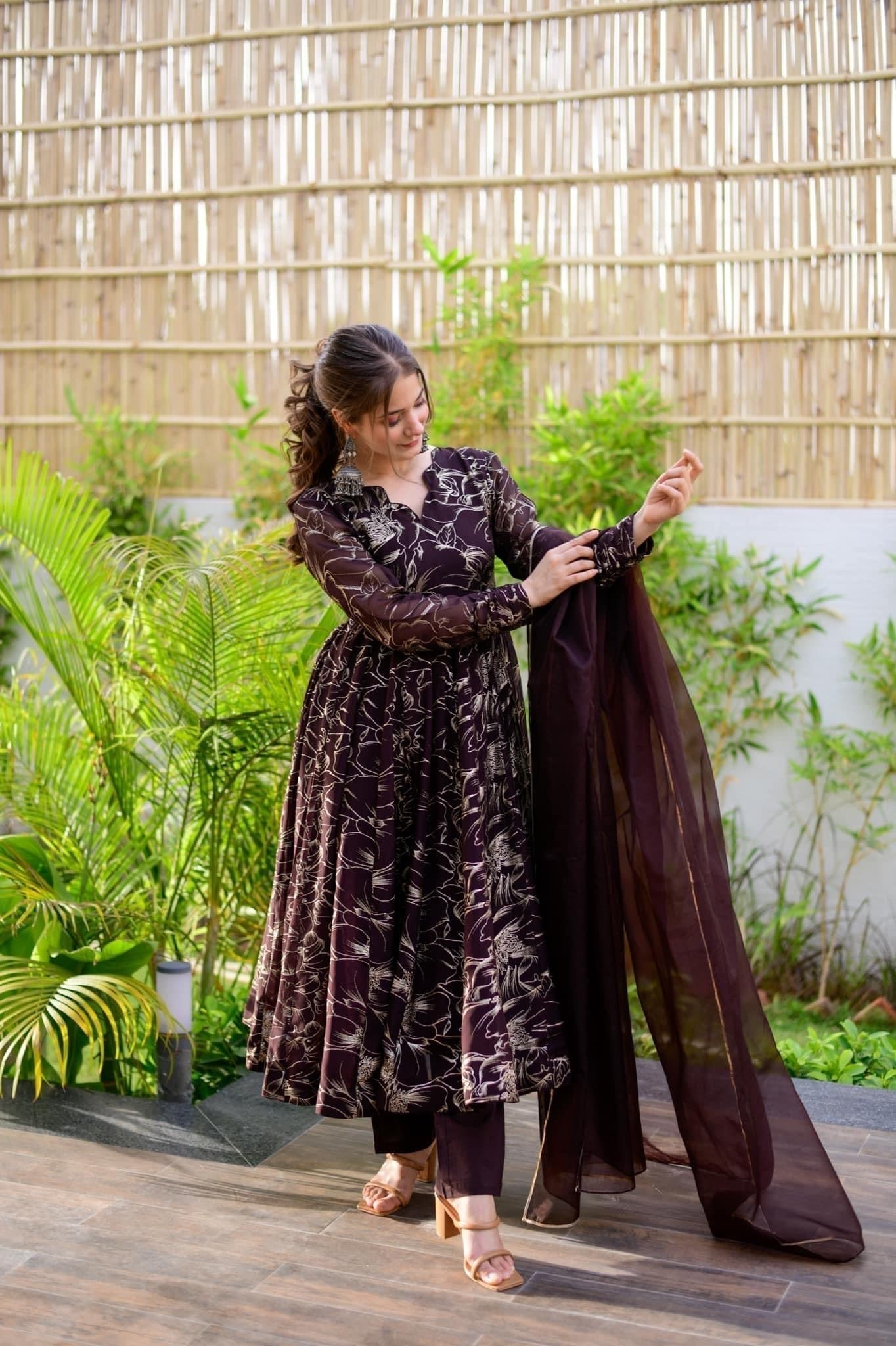 brown organza shimmer suit set