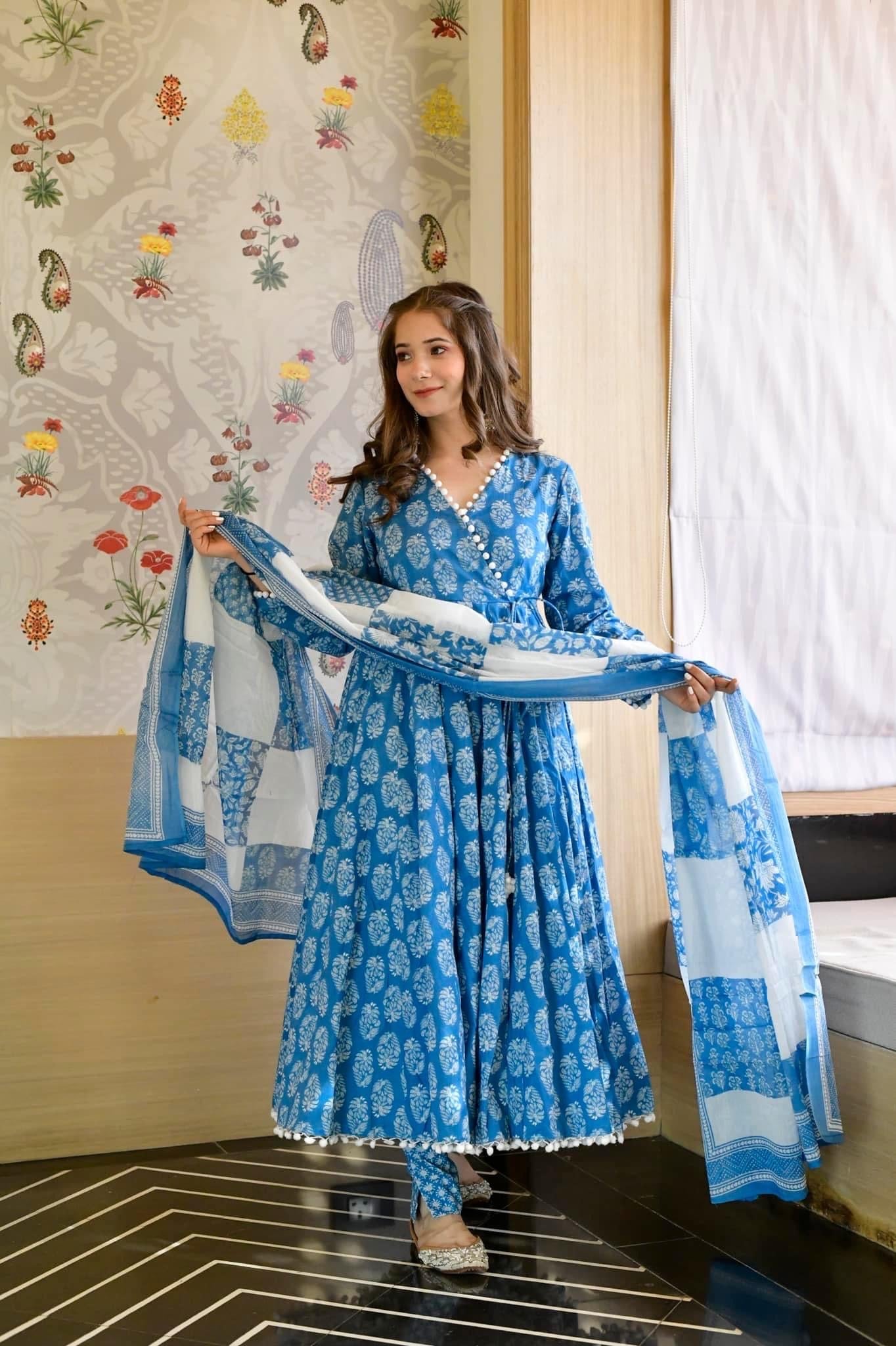 Blue floral pompom suit set