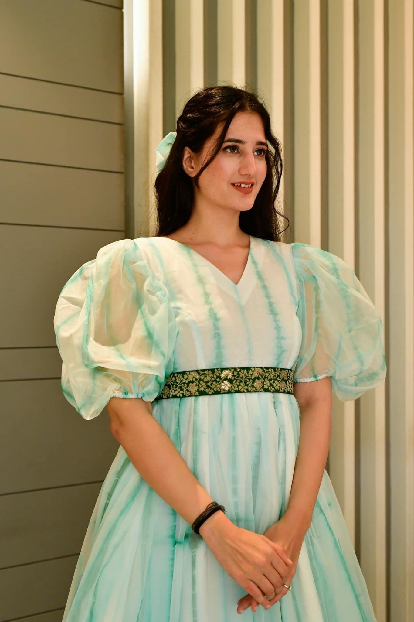 Green shibori organza dress