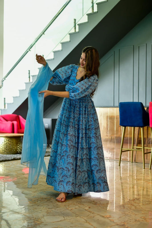 aqua floral chanderi maxi set